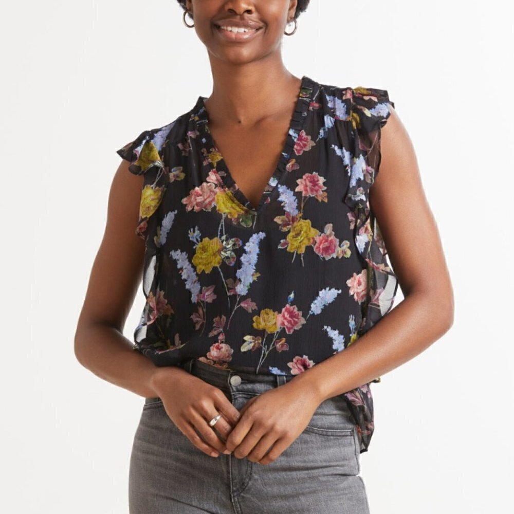 Paige Sheer Black Floral Silk Side Ruffle Top